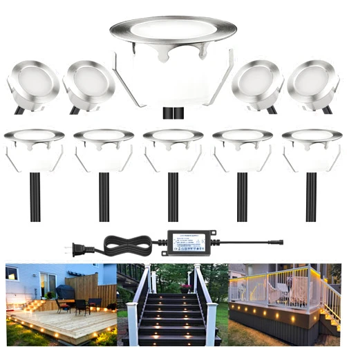 CHNXU LED Outdoor Deck Lights Kits, Φ1.77in Warm White 10 Pack Silver, Low Voltage 12V DC IP67 Waterproof, Electric Wired Recessed Exterior Stair Step Riser Landscape Lighting for Outside Floor Yard
