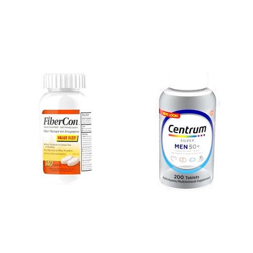 Fibercon Fiber Therapy Coated Caplets, Safe, Simple & Comfortable Insoluble Fiber & Centrum Silver Men's 50+ Multivitamin with Vitamin D3, B-Vitamins, Zinc for Memory and Cognition