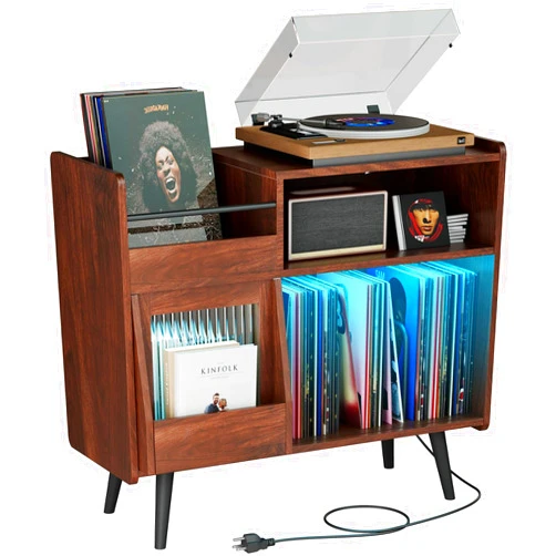 Yacchi home Big Record Player Stand, Record Player Table with Power Outlet and LED Light, 350 Vinyl Record Storage Holder, Record Storage Turntable Stand Wood Cabinet for Living Room,Office, Large