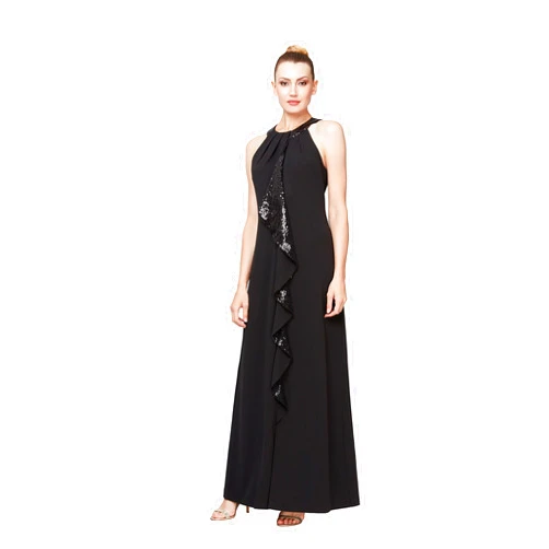 S.L. Fashions Women's Long Halter Neckline Crepe Mother of The Bride Dress Sequin Cascade Ruffle (Petite and Regular Sizes)