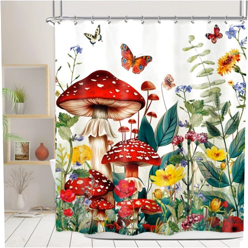 Omifly Mushroom Wildflower Shower Curtain 72Wx72H Inch Retro Watercolor Floral Rustic Plant Leaves Botanical Farmhouse Nature Butterfly with 12 Plastic Hooks Fabric Waterproof Toilet Accessories Decor