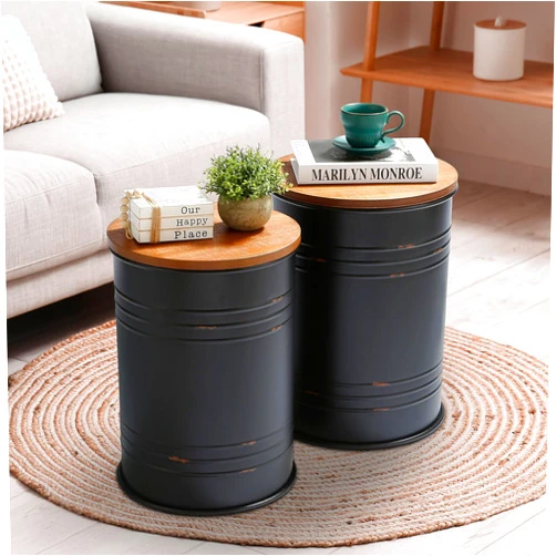 PERFNIQUE Farmhouse Storage End Table, Set of 2 Rustic Ottoman Seat Stool, Barrel Metal Accent Coffee Table with Round Wooden Lid for Living Room, Outdoor Patio Nesting End Tables (Black)