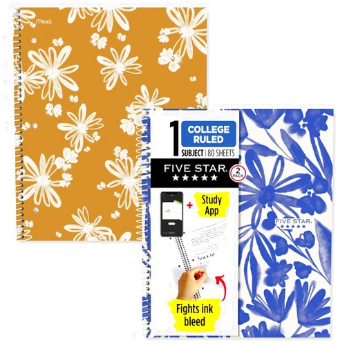 Five Star Spiral Notebooks + Study App, 2 Pack, 1 Subject, College Ruled Paper, 11