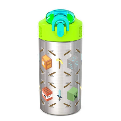 Zak Designs Minecraft 18/8 Single Wall Stainless Steel Kids Water Bottle with Flip-up Straw Spout and Locking Spout Cover, Durable Cup Stays Clean for Sports or Travel (15.5oz, Non-BPA) 15.5oz Minecraft Water Bottle