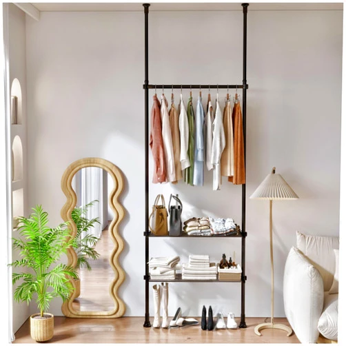 DYN Ptah Floor to Ceiling Adjustble Garment Rack, Heavy Duty Clothes Rack with 2 Shelves, Free Standing Clothing Hanger Tension Rod Cloth Storage Rack Black