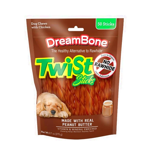DreamBone Twist Sticks Chews for Dogs, 50 Count, Treat Your Dog to Easy-to-Digest Rawhide-Free Chews Made with Real Peanut Butter and Chicken