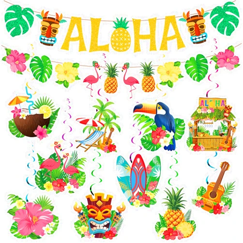 Hedeey Hawaiian Aloha Party Banner Decorations Sets,Hawaiian Glitter Aloha Banner Tropical Hawaiian Luau Party Hanging Swirls Decorations for Tiki Summer Aloha Party Beach Pool Birthday Supplies Decorations