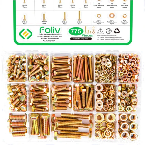 FOLIV 775PCS Grade 8.8 M6 M8 M10 Bolts and Nuts Assortment Kit, Heavy Duty Metric Hex Bolts Nuts Washers Kit, 16 Common Sizes Included