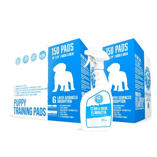 Bulldogology Premium Puppy Pee Pads with Adhesive Sticky Tape (24x24) Large Dog Training Wee Pads with 6 Layer Extra Quick Dry Bullsorbent Polymer Tech (300-Count w/32oz., White)