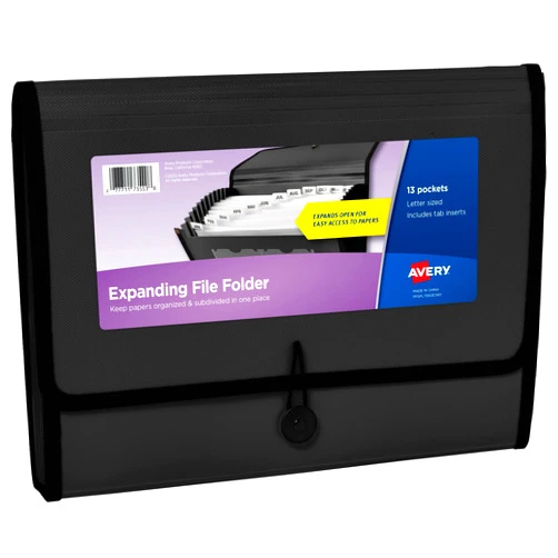 Avery Expanding File Folder Organizer, 13-Pocket Accordion File Organizer, Black, Holds 425 Letter/A4-Size Sheets (73553)