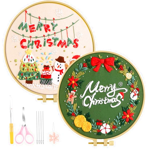 TINDTOP Christmas Embroidery Kit for Adult, Embroidery Kit for Beginners Include Embroidery Cloth Hoops Threads for Craft Lover Hand Stitch with Embroidery Skill Techniques