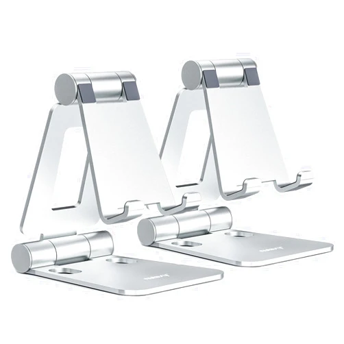 Nulaxy 2 Pack Dual Folding Cell Phone Stand, Fully Adjustable Foldable Desktop Phone Holder Cradle Dock Compatible with Phone 16 15 14 13 12 Pro Xs Xs Max Xr, All Phones, Silver
