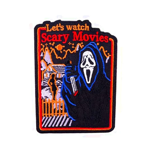 Ulricar Let’s Watch Scary Movies Patch Grim Reaper Embroidered Patch Punk Iron On Sew On Appliques Biker Motorcycle Patches for Clothing Jeans Jacket Stickers Applique, Multicolor, WJH-YF3