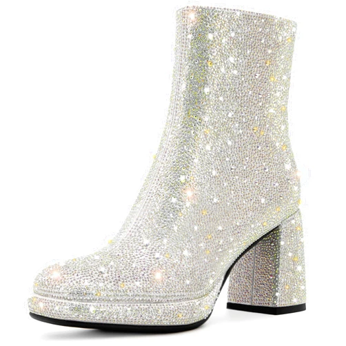 FINDVELL Rhinestone Boots For Women Chunky Block Heeled Sparkly Platform Ankle Booties Glitter Shoes Wedding Bride