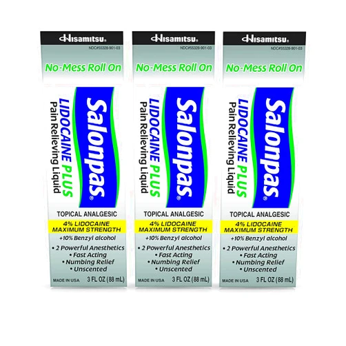 Salonpas LIDOCAINE PLUS 3 oz ROLL ON Pain Relieving Liquid! Maximum Strength 4% Lidocaine for Numbing Pain Relief! MESS FREE Application! (3 PACK)