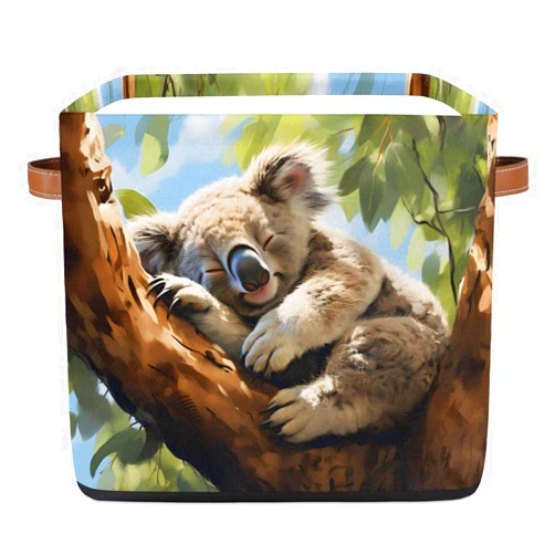 QsirBC Sleeping Koala 13x13x13 inch Storage Basket Fabric Cube Storage Baskets Foldable Decorative Storage Bins with Handles for Closet Bedroom Shelf Organizing Toys