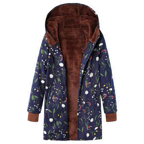 JOFOW Womens Hooded Jacket Parka Flannel Lined Boho Floral Print Vintage Warm Long Loose Coats Winter Plus Size XXXL