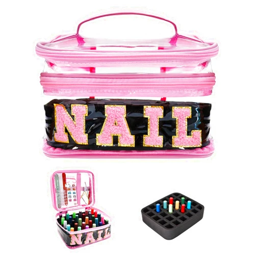 TIFFYONEK Clear Nail Polish Organizer Case for 30 Bottles - Double Compartment, Waterproof Design Travel Organizer, Christmas Birthday Gift for Nail Enthusiasts (Pink, 9.8 X 7.8 X 4.7 Inch)