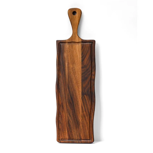WOODIE POPPINS Elegant Walnut Wood Long Serving Board with Handle - Charcuterie Wooden Board - Stylish Versatility for Culinary Delights - Reversible with Juice Groove - 27.6x6.3x0.8 in - Woodie Poppins (Medium)