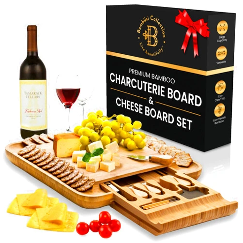 Bambüsi Charcuterie Board - Bamboo Cheese Board and Charcuterie Gift Set & Accessories - Wedding Gifts for Couples 2024, Housewarming Gifts New Home, Birthday, Christmas, White Elephant Gifts, Kitchen Gadgets