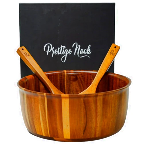 PRESTIGE NOOK Extra Large Wooden Salad Bowl - 12“ x 5” Acacia Wood Serving bowl with 2 servers, Large Fruit bowl for food with serving utensils, Housewarming Wedding Christmas Gift