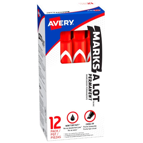 AVERY Marks A Lot Permanent Markers, Large Desk-Style Size, Chisel Tip, Water and Wear Resistant, 12 Red Markers (08887)