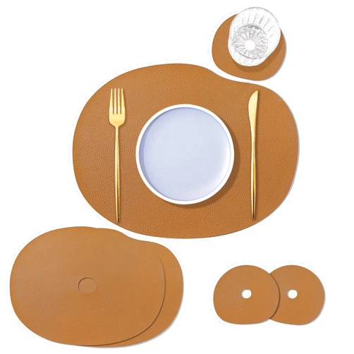 Wilink Modern Pebble Shape placemats - Brown Leather placemats and Coasters, Irregular Shape Design, 11 * 14.5 inch Round Table Runner, 4.6 * 5 inch Round Coasters (Dark Brown Leather placemats)