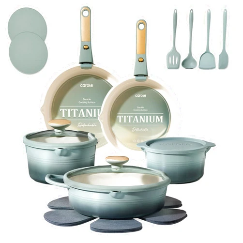 CAROTE 20Pcs Titanium Cookware Set, Pots and Pans Set Non Stick, Kitchen Cooking Set with Detachable Handle, Non Toxic Induction Cookware, Dishwasher/Oven Safe