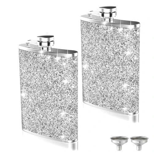 Hianjoo 2-Pack 8 Oz Bling Hip Flasks for Liquor, Hianjoo Leakproof Thin Stainless Steel Flasks Camping Pocket Flask with Funnel for Women, Portable Metal Flask for Wedding Groomsmen Bridesmaid Gift,Silver