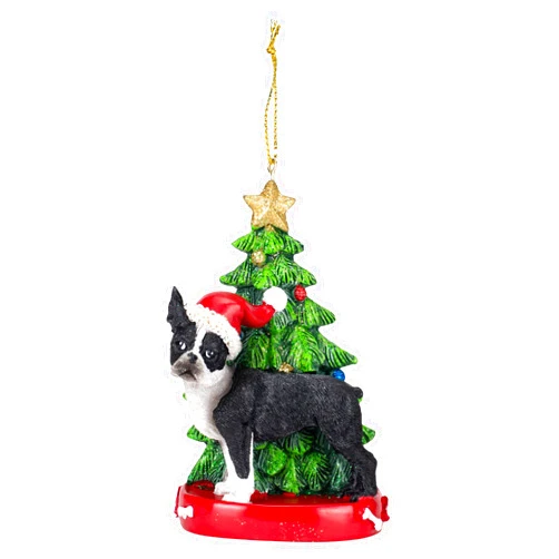 Kurt Adler Kurt S. Adler Boston Terrier Wearing Santa Hat with Resin Christmas Tree Ornament C7615BT New