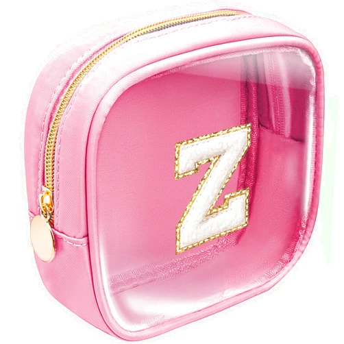 LETGO Small Personalized Initial Letter Clear Makeup Bag, Nylon Preppy Patch Makeup Bag Chenille Letter A-Z TSA Approved Travel Toiletry Bag Cute Zipper Pouch Purse for Women Men (Pink, Z)