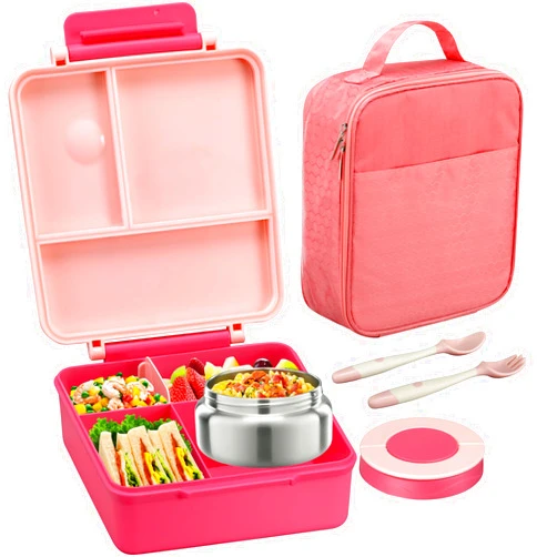 Itslife Bento Lunch Box for Kids with 8oz Soup Thermo&Lunch Bag, Leak-Proof Lunch Food Containers with 4 Compartment, Hot Food Insulated Food Jar for Kids School (Pink)