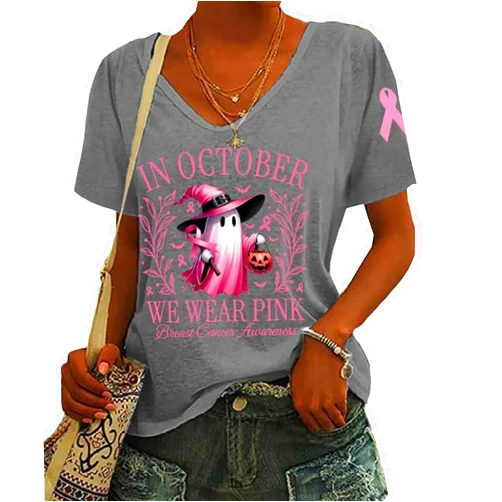 BOMYTAO Women's Breast Cancer Awareness Shirts in October We Wear Pink Halloween Ghost T-Shirt Pink Ribbon Warrior Tee