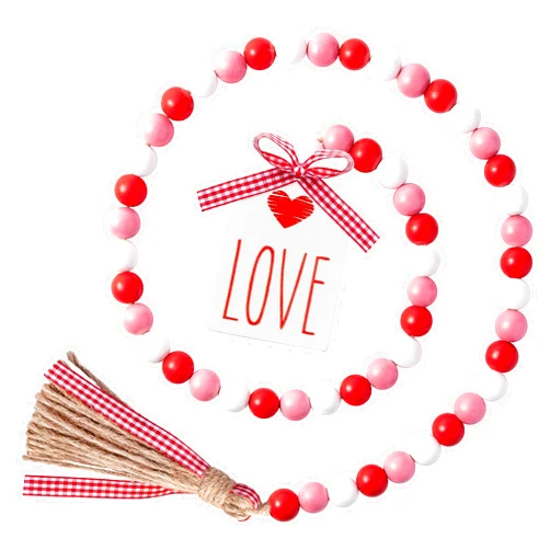 2ooya Valentine's Day Wood Beads Garland 41.2 Inch Rustic Red Pink Wood Bead with Jute Rope Plaid LOVE Tag Farmhouse Wood Beads Tiered Tray Décor for Proposal Wedding Party
