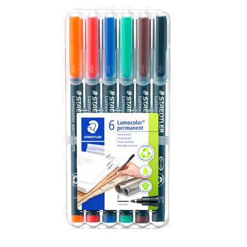 Staedtler Lumocolor Universal Pen, Fine, Felt Tip, Permanent Marker, Box of 6 Assorted Color Pens, 0.6mm 318 WP6