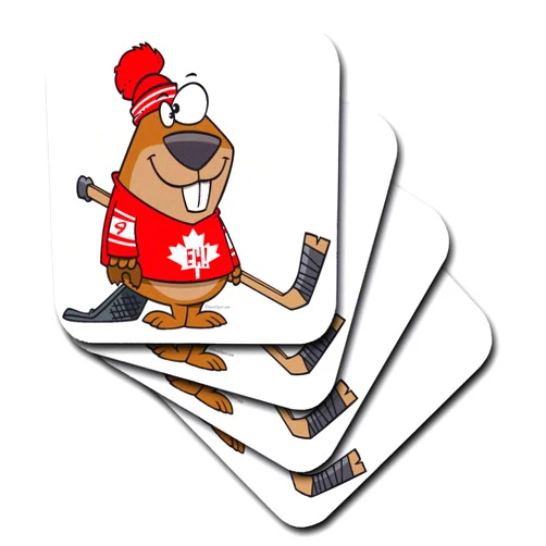 3dRose Set of 8 Coasters - Soft - Silly Canadian Hockey Beaver Random Toons