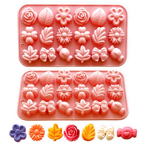 LLchunyun Flower Candy Molds Silicone 2PCS Daisy Flower Chocolate Molds Tulip Flower Molds Bow Tie Leaf Jello Molds Ice Mold Pudding Molds Soap Molds Cookie Molds for Desserts Making