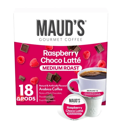 Maud's Raspberry Chocolate Flavored Coffee Pods, 18 ct, Medium Roast Flavored Coffee in Single Serve Pods – 100% Arabica Beans, Compatible with Keurig K Cups Maker