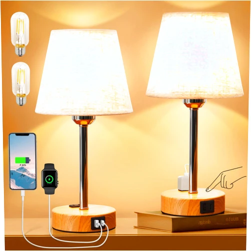 Focondot Touch Table Lamps Set of 2-Bulbs Included, Practical Bedside Lamps with USB A+C Ports & 2-Prong AC Outlet, 3-Way Dimmable Nightstand Lamps with Linen Fabric Shade for Home Office Hotel