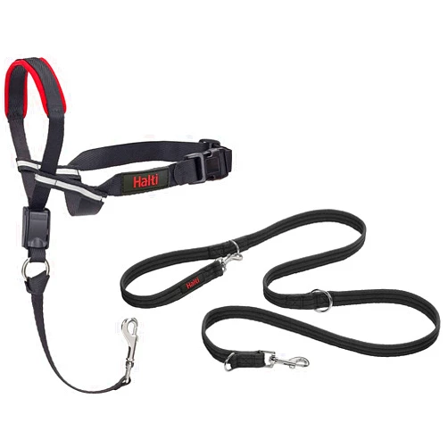 The Company of Animals Halti Optifit Headcollar Size Medium & Training Leash Size Large, Black Combination Pack - Stop Your Dog Pulling on the Leash. Adjustable with Padded Nose Band. Suitable for Medium Dogs