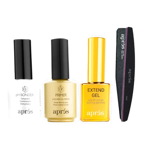 APRÉS Apres Gel-X Essentials - Extend Gel, pH Bonder, Acid-Free Gel Primer, Curved Nail File 100/180 Grit, Nail Buffer