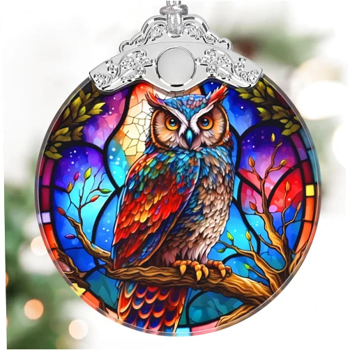 Touber Owl Christmas Ornament, Stained Glass Hanging Ornament, Christmas Tree Ornaments, Christmas Decoration, Holiday Ornament, Owl Home Decor, Gift Exchange, Gift Idea - Owl on The Branch