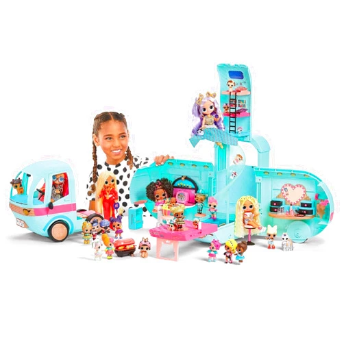 L.O.L. Surprise! OMG Glam N’ Go Camper Playset with 50+ Surprises and 360° Play, Fully Furnished with Pool, Water Slide, Bunk Beds, Vanity, BBQ Grill, DJ Booth, and More - Great Gift for Kids Ages 4+