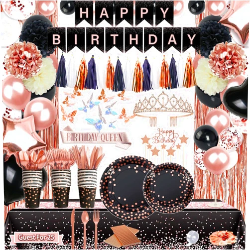 Guudmua 295 Pcs Black And Rose Gold Birthday Decorations, Birthday Decorations for Women or Girl Kit- Disposable Dinnerware Set with 25 Guest, Balloons, Sash, Tiara, Banner, Paper Pom Poms