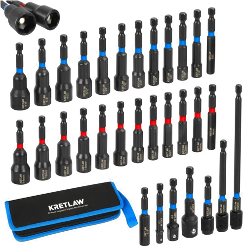 KRETLAW 31PCS Magnetic Nut Driver Set, Impact Drill Driver Bit in Cr-V, SAE & Metric Power Nut Drivers with Quick-release Extensions & 1/4