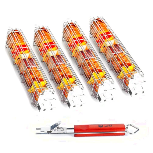Aarmy JUCT Portable Flip Grilling Basket Set of 4 - Camping Large Kabob Grilling Baskets for Outdoor Grill,Loose Veggies Grill Basket with Removable Handle