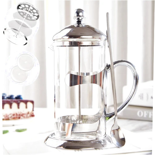 DUJUST Silver French Press Coffee Maker, Luxury Design French Coffee Press with 4-Level Filter System, High-Grade Glass for Hot & Cold Resistance, Include Long Size 304 Stainless Steel Spoon - 34oz