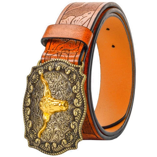 UTOWO Western PU-Leather Cowboy Buckle Belt for Men and Women Jeans Engraved Floral Longhorn Bull Buckle Belt (27-40