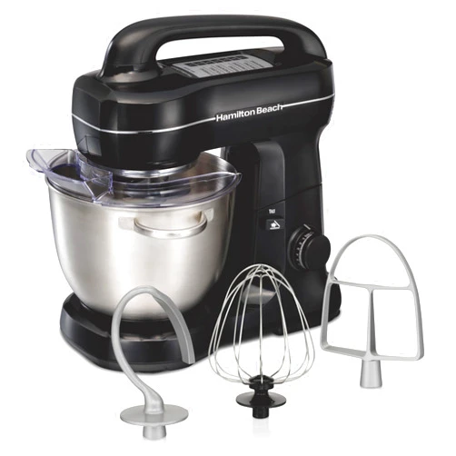 Hamilton Beach Electric Stand Mixer, 4 Quarts, Dough Hook, Flat Beater Attachments, Splash Guard 7 Speeds with Whisk, Easy-Carry Top Handle, Black