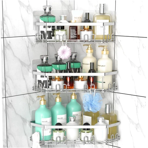 STEUGO Corner Shower Caddy, Shower Organizer Corner Shower Shelf with 12 Hooks,3-Pack Adhesive Stainless Steel Shower Shelves for Bathroom Storage，No Drilling Wall Mounted Shower Rack (Silver)